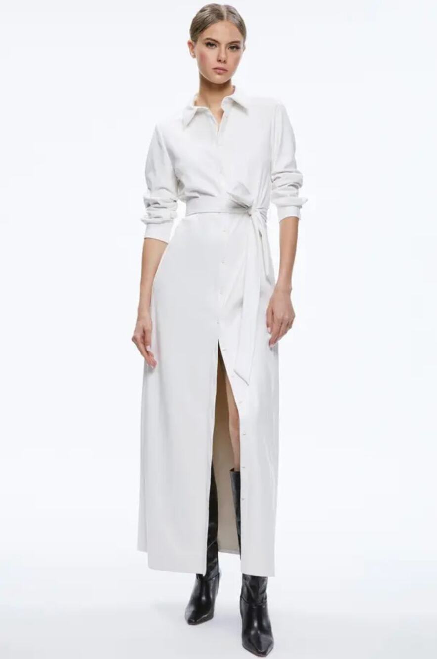 Alice + Olivia Chassidy Vegan Faux Leather Belted Maxi Shirt Dress Off White XL